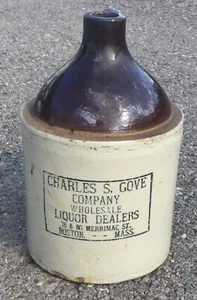 VTG ANTIQUE CHARLES S GOVE COMPANY LIQUOR DEALER CROCK JUG STONEWARE BOSTON MA - Picture 1 of 12