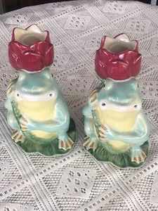 Majolica-Style Frog and Lily Pad VIntage Pottery Candle Holders (2) 1970s - Picture 1 of 12