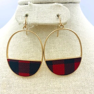 Pendientes colgantes a cuadros de anillo ovalado medio rojo de búfalo - Imagen 1 de 4