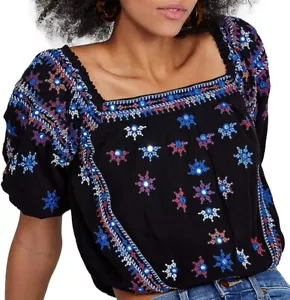 FREE PEOPLE S Aurora Top Black Blue Embroidered Blouson Puff Sleeve Square Neck - Picture 1 of 8