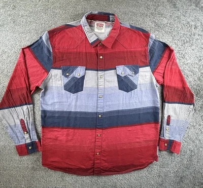 Levis Western Pearl Snap Shirt Patchwork Flannel Mens 2XL Red Gray Cowboy - Image 1 of 4