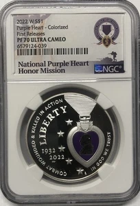 2022 COLORIZED PURPLE HEART Silver Dollar NGC PF70💥FLAWLESS QUALITY💥FIRST REL - Picture 1 of 4
