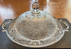 Vintage Round Clear Sandwich Glass Butter Dish Handles & Dome Lid - Picture 1 of 12