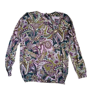 Talbots Pure Italian Merino Wool Sweater XL Paisley Print V Neck Purple Olive - Picture 1 of 3
