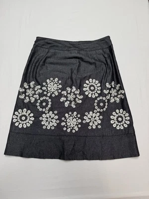 Ann Taylor Gray Denim Embroidered Skirt 8 Ivory Floral Cotton Rayon - Image 1 of 4