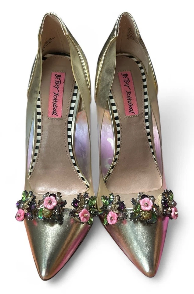Betsey Johnson Jane Gold Clear Pumps Jewel Flower Embellished Heels 8M - Image 1 of 4