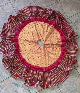 Mackenzie Childs Silk Christmas Tree Skirt Yellow Red PomPom Cirsus Jester As Is - Picture 1 of 13