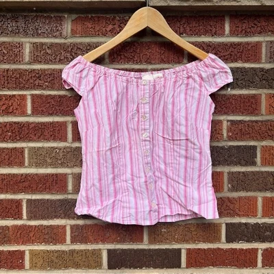 Blusa Top Xhilaration Rosa y Blanco Rayas Fuera del Hombro Manga Abullonada Foto 1 de 4