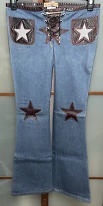 Dragonfly Clothing Co Vintage 90s Blue Denim Leather Trim Accents Flare Jeans 26 - Picture 1 of 11