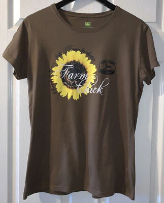 John Deere Farm Chick Brown Sunflower Short Sleeve T-Shirt Womens Size XL - Изображение 1 из 4