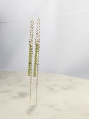 Peridot Faceted Tiny Beads Silver Plated Dangle Drop Thread Minimalist Earrings - Image 1 of 4
