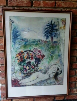 Marc Chagall Kunstdruck, "Akt mit Blumenkorb" 1955 Holzrahmen, Echtglas,Signiert - Bild 1 von 4