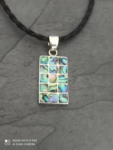 Balinese Sterling Silver "Grid" pendant inlaid with Paua Abalone shell & chain - Picture 1 of 4