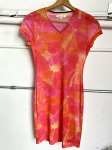 Vintage Netzkleid orange rosa Blumen A. Gold E. Midi See Thru Medium Rave - Bild 1 von 8
