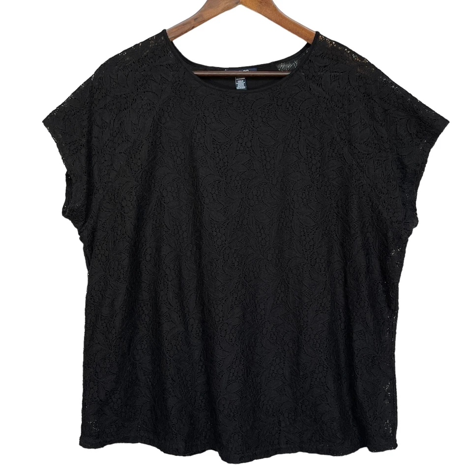 Блузка женская Chaps размер 2X черная вязаная крючком круглый вырез короткий рукав с подкладкой карьерная - Изображение 1 из 4