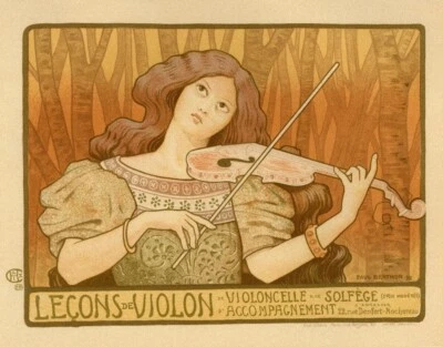 Lecciones de la impresión artística de violín - Paul Berthon, 1898, litografía Art Nouveau Foto 1 de 2