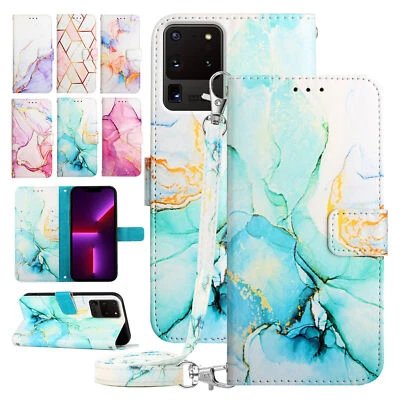 Strap Marble Leather Wallet Phone Case For Samsung S23 S22 S21 A13 A14 5G A53 5G - Image 1 of 4