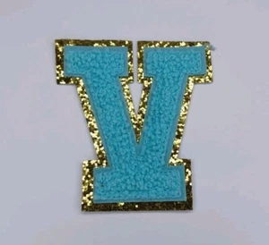 Iron On Patch Letter V Light Blue & Gold 3" x 3" New - Picture 1 of 9