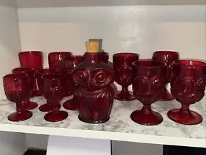 Vintage ruby red glass set 13 Piece and owl - Picture 1 of 6