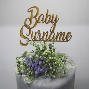 Wooden MDF Laser Cut Baby Shower with your surname Cake Topper - Picture 1 of 1