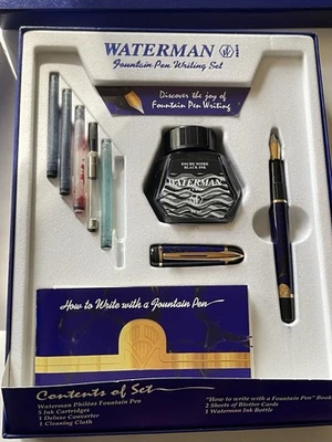 Juego de escritura pluma estilográfica Waterman Paris Phileas mármol azul en caja oro plumín Foto 1 de 4