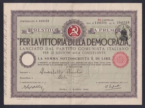 Italie 1000 Livres 1946 Dossier Sottoscrizione Parti Communiste Italien Spl XF - Picture 1 of 2