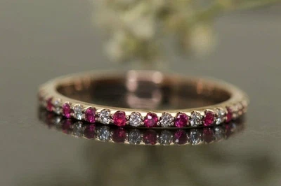14K Rose Gold Plated 1.30Ct Round Cut Lab Created Red Ruby Women Wedding Band - Image 1 of 4