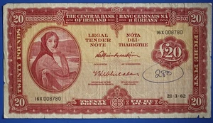 Irlanda 1962 Irish Eire, billete de 20 libras esterlinas, Lady Lavery [33285] - Imagen 1 de 2