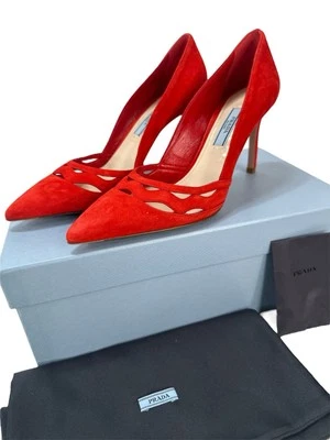 Zapatos de salón clásicos Prada de gamuza rojos corte ondulado punta talla 35,5 nuevos Foto 1 de 4