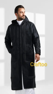 Farwa Black Coat Hoodie Bisht , Unique Fur Morocco Arab Style Winter Warm Jacket - Image 1 of 4