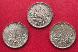 Beautiful lot of 3 coins 5 francs Semeuse silver 1967, 1968 and 1969. VF condition - Picture 1 of 2