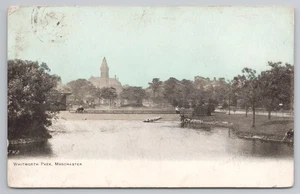 Whitworth Park, Manchester lake view, early tinted postcard, used - Picture 1 of 2