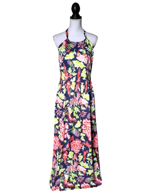 CK Bradley Navy Blue Tropical Parrot Floral Halter Maxi Long Dress Size Large - Image 1 of 4