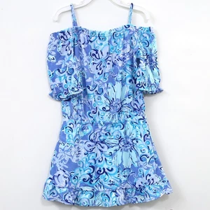 Lilly Pulitzer Girls Tenley Romper Printed Ruffle Cotton Blue S 4-5 YRS 281099 - Picture 1 of 5