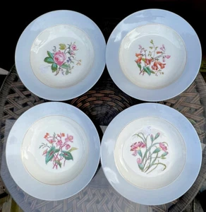 Haviland & Co Set of 4 Soup Bowls Blue Rim Floral Pattern Limoges France - Picture 1 of 11