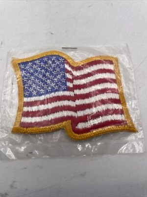 USA AMERICAN FLAG EMBROIDERED PATCH WAVING WAVY SEW-ON GOLD BORDER PATRIOTIC - Image 1 of 2