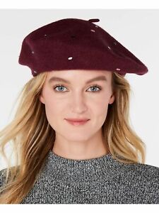 INC Womens Burgundy Cotton Fitted Jewel-Embellished Beret Hat