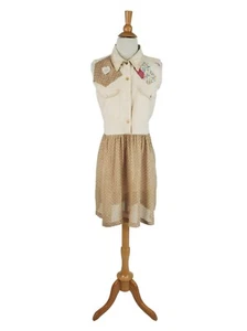 Vintage 90's Cottage Core Melinda Zoller Cream Denim Patchwork + Rayon Dress - m - Picture 1 of 8
