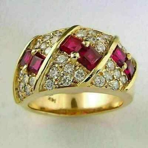 14K Yellow Gold Plated 2.5Ct Princess Cut Lab Created Red Ruby Wedding Band Ring - Picture 1 of 5