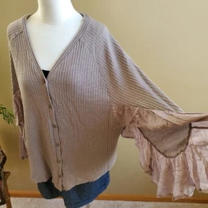 Women's Wide Ruffle Sleeve Taupe Button Up Cardigan Waffle, Medium - Picture 1 of 6