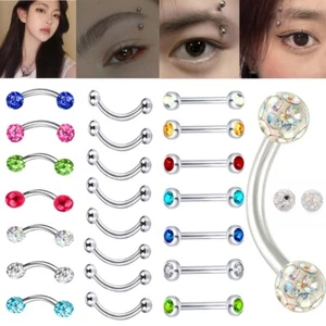 6pc Set Crystal Gem Steel Bar Curve Barbell Eyebrow Ring Ear Lip Piercing 6-14mm - Picture 1 of 16