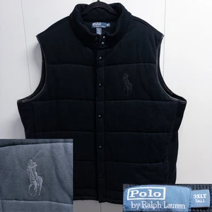 Polo Ralph Lauren Vest 3XLT Black Big Pony Cotton Puffer Leather Tall Preppy - Picture 1 of 9