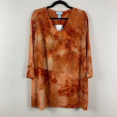 Liz & Me Orange Tie Dye Tunic Size 3X Embellished 3/4 Sleeves V Neck Stretch - Image 1 of 4