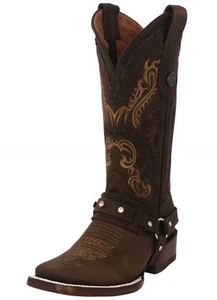 Womens Western Rodeo Boots Brown Square Toe Cowboy Leather Harness Straps - Picture 1 of 5