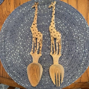 Hand Carved Mhugu Wood Giraffe Salad Set - Picture 1 of 8