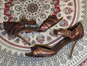Manolo Blahnik Womens Caldo Sequin Animal Open Toe Bronze Stiletto Heels Sz 42 - Picture 1 of 14