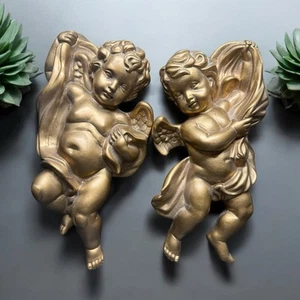 Appendiabiti da parete angeli cherubino oro vintage Homco Syroco casa 1120 decorazione set di 2 - Foto 1 di 18