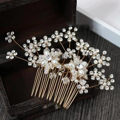 Gold Hair Comb Floral Rhinestone Cluster Headpieces Pearls Wedding Accessories - Image 1 of 4