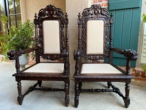 PAIR Antique French Arm Chair Dining Renaissance Carved Oak Bird Black Forest - Picture 1 of 20