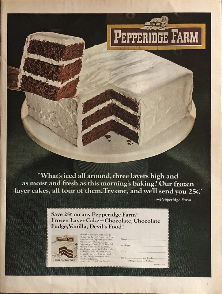 1968 Pepperidge Farm Layer Cake PRINT AD Devils Food Frozen VTG 1960s 3-Layers - Image 1 of 4